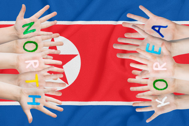 题词北朝鲜儿童的手在背景下挥舞着北朝鲜国旗图片下载