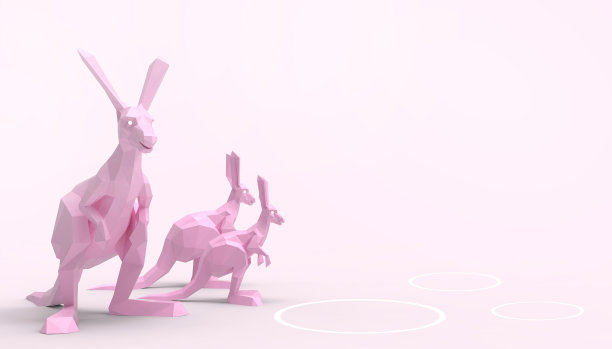袋鼠动物家庭低聚组概念现代艺术糊紫色背景- 3d渲染图片下载