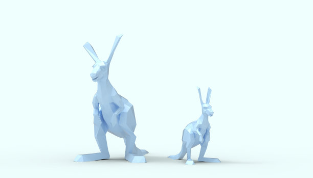 袋鼠动物母亲和孩子低多边形概念现代艺术蓝色粘贴背景- 3d渲染图片下载