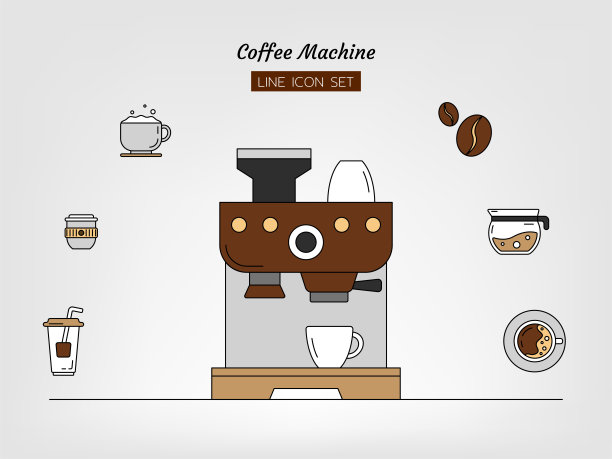 线条图标符号集，咖啡机塑料纸杯，豆子，水壶，孤立的平面轮廓矢量设计图片下载