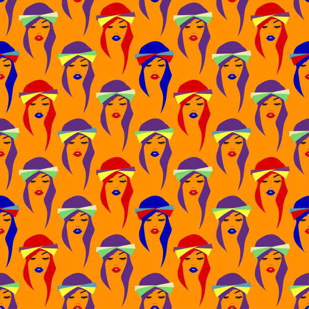 时尚女人的无缝图案，美丽的脸蛋与五彩缤纷的发型在明亮的头巾上发，夏季纺织面料，背景，壁纸印花，海滩风格。矢量插图。图片下载