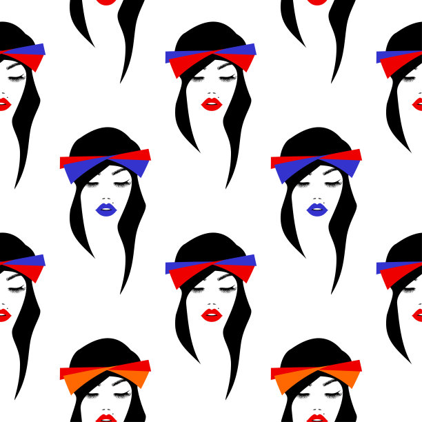 时尚女性的无缝图案，美丽的脸与黑色的发型在明亮的头巾上发，纺织背景，壁纸印花。矢量插图。图片下载