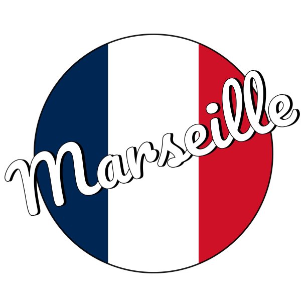 圆形按钮，红色、白色、蓝色的法国国旗图标，上面刻着城市名称:现代风格的马赛。向量EPS10插图。图片下载