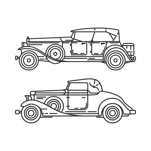 线向量图标设置美国自动老定时器。1930年代经典风格。怀旧古董汽车。夏天旅游度假。复古漫画运动。高速公路。车库。收集车。插图设计。图片下载