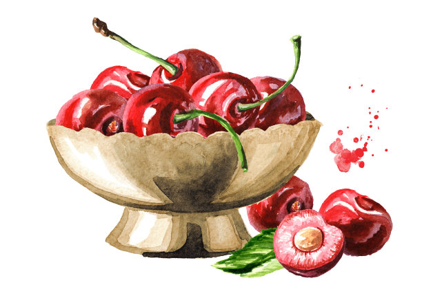 樱桃。一碗熟樱桃。水彩手绘插图，孤立的白色背景图片下载