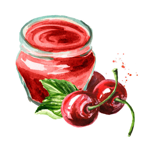有机果酱。玻璃罐的樱桃果酱和新鲜的浆果孤立在白色的背景。水彩手绘插图图片下载