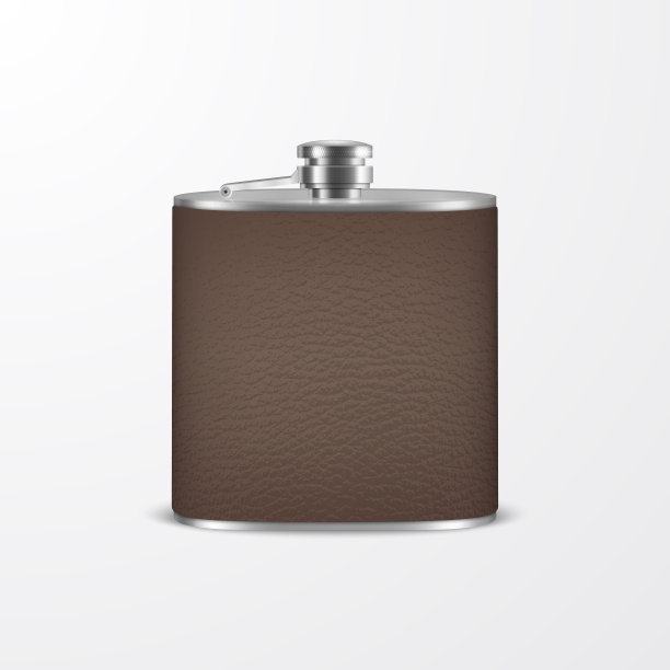 矢量3d现实皮革空白不锈钢髋瓶特写孤立在白色背景。设计模板的酒精旅行集装箱模拟，包装，广告，标志。前视图图片下载