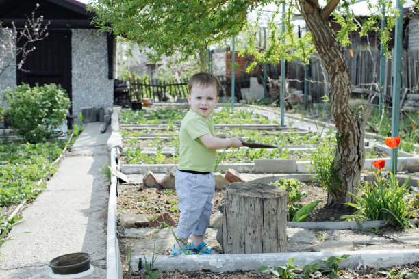 一个小孩拿着小铁锹在花园里从事种植，花园里的经济结构在背景中可见。地球日和森林保护的概念图片下载