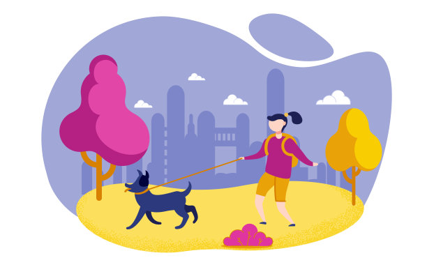 卡通女孩背着背包在公园遛狗。图片下载