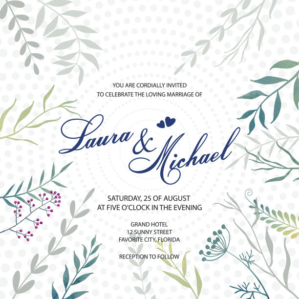 婚礼的邀请。精致的背景点和花。树叶、树枝、香草。图片下载