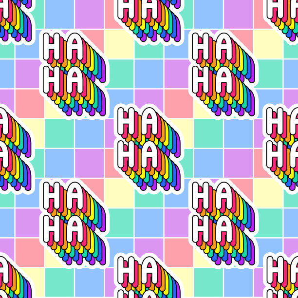 Seamless pattern with words “Ha-Ha” on rainbow-colored background. Text patches vector wallpaper. Funny cartoon comic style.图片下载