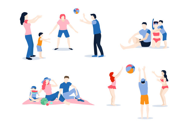 暑假。人们带着孩子在沙滩上野餐，游泳，打排球。图片下载