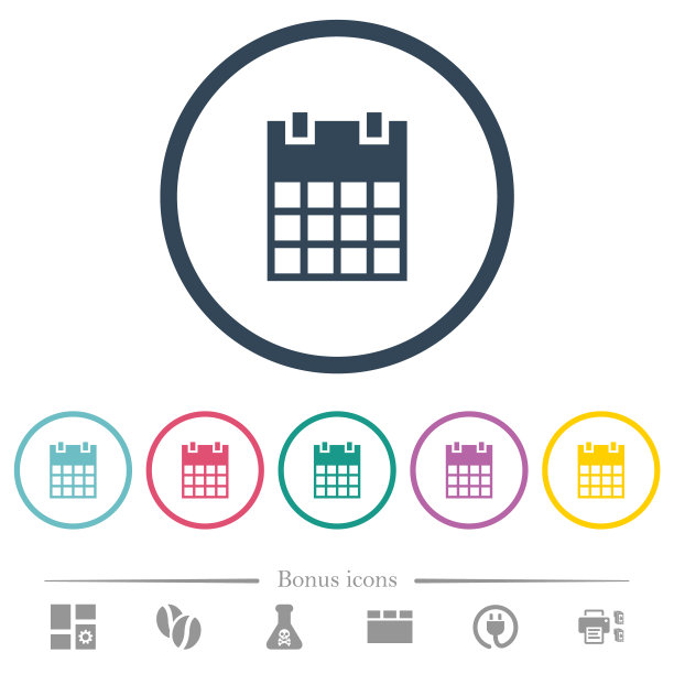单一日历平面颜色图标在圆形轮廓图片下载