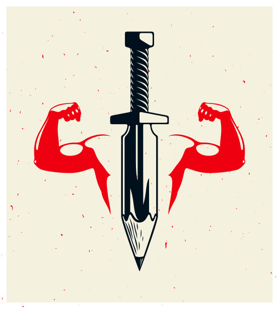 Idea是一种武器概念，是设计师或艺术家的武器，即带有铅笔的剑而不是刀刃，以及显示二头肌、创造力和矢量图标的强壮的双手。图片下载