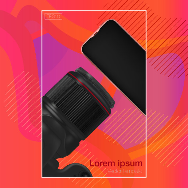 现实的工作组织。俯视图与单反专业相机和手机。办公用办公桌，桌子上有文具。EPS10。矢量插图。图片下载