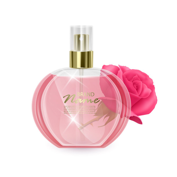 在白色背景上的香水瓶模型，化妆品玻璃瓶与玫瑰的气味在3d插图设计使用图片下载