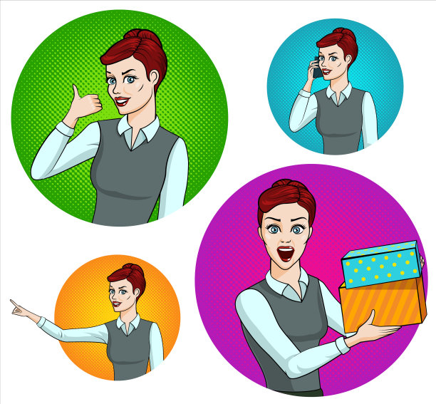 年轻漂亮的女人翘起大拇指，暗示着什么，用智能手机说话，拿着礼物盒高兴。一套漫画风格的波普艺术插图。图片下载