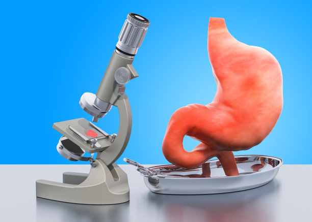 研究与诊断胃病的概念。实验室显微镜与人体胃，3D渲染图片下载