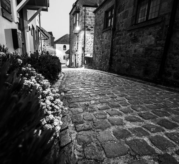 铺满鹅卵石的街道两旁是鲜花和黑白相间的房屋图片下载