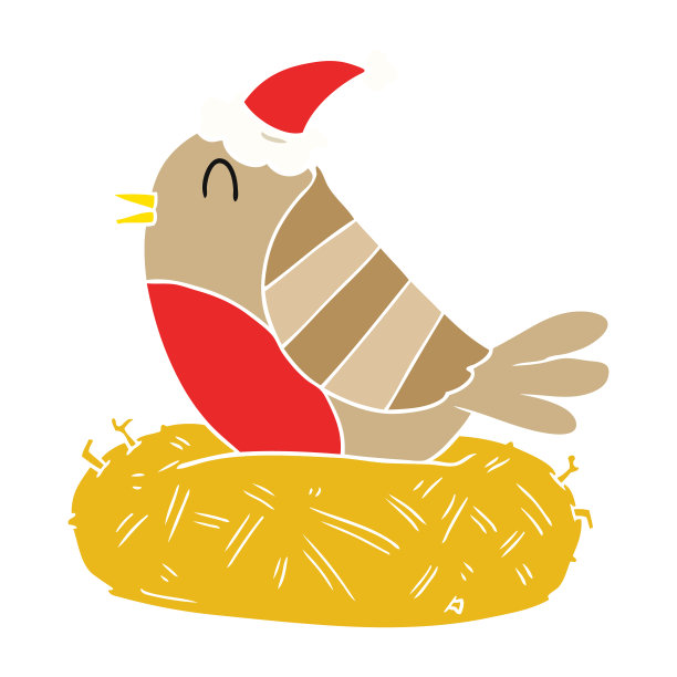 一只鸟戴着圣诞老人的帽子坐在鸟巢上的平面彩色插图图片下载
