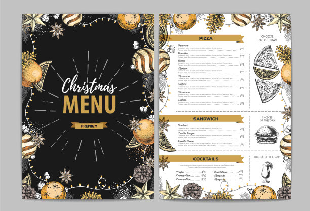手绘圣诞节日菜单设计。餐厅的菜单图片下载