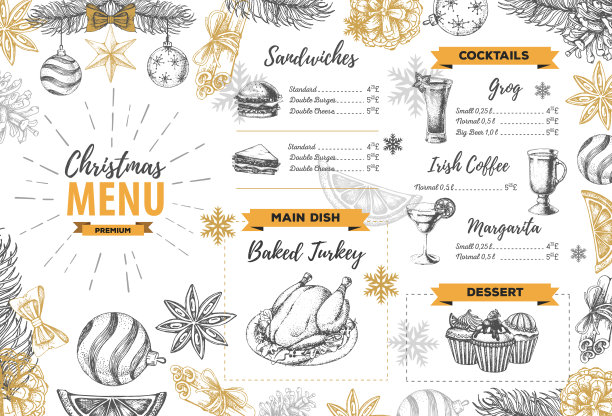 手绘圣诞节日菜单设计。餐厅的菜单图片下载