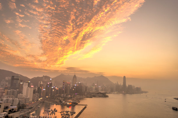 夕阳下的香港海港，HDR图片图片下载
