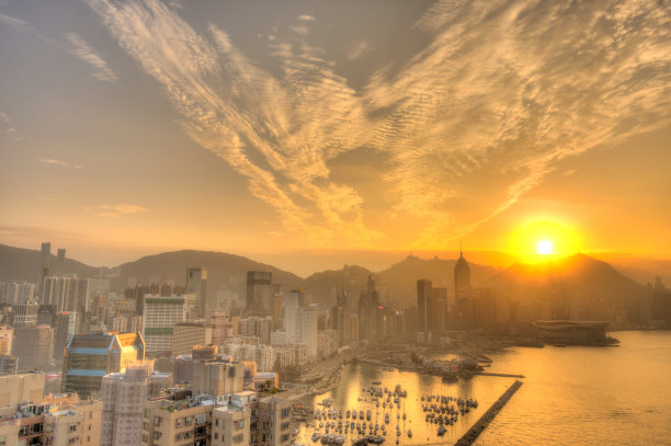夕阳下的香港海港，HDR图片图片下载