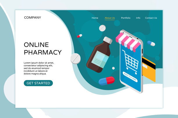 在线药房登陆页面模板。在网上购买药物和药物。医疗电子商务网站设计。平面矢量插图的ui，移动应用程序，海报，横幅，传单素材图片