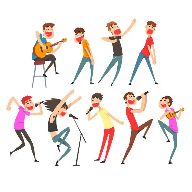 歌手用麦克风唱歌，女孩和男孩在舞台上表演矢量插图图片下载