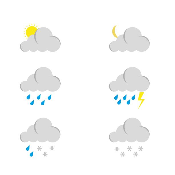一套彩色的天气图标。不同的云的概念。气象符号有太阳、月亮、云、闪电、雪花和雨。天气预报的迹象。图片下载
