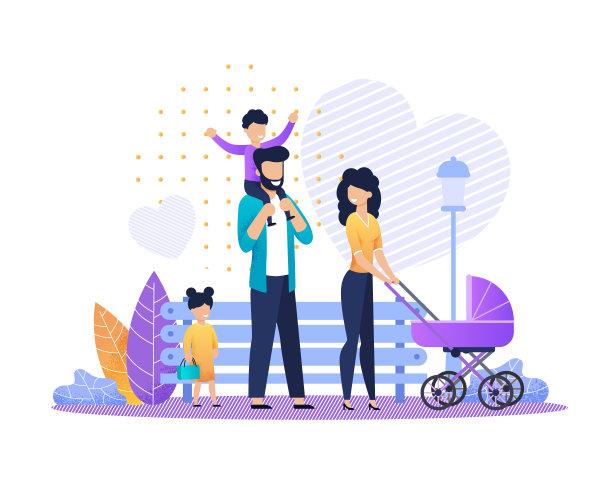 幸福的已婚夫妇与婴儿车和孩子在公园图片下载
