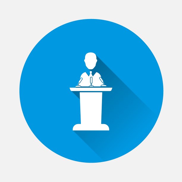 矢量图标扬声器在讲台上。政治家在讲台上用蓝色背景的麦克风讲话。图像平坦，阴影长。图层分组，便于编辑插图。为了你的设计。图片下载