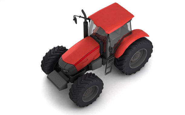在白色背景上隔离的红色农业车轮拖拉机的等距视图。正面的看法。视角。左侧。高角度的观点。3 d渲染。图片下载