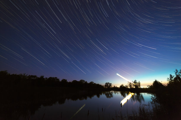 夜空中星星的轨迹围绕着湖面上的北极星。这风景是以长时间曝光为背景拍摄的。图片下载