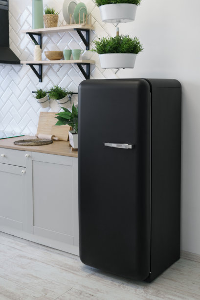 黑色复古设计冰箱在白色木制厨房图片下载