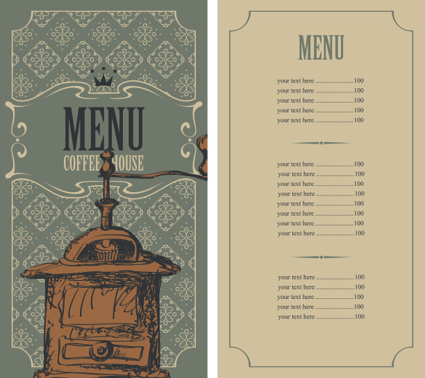 带有复古咖啡研磨机的咖啡馆菜单图片下载