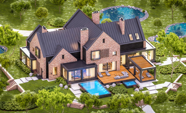 水池上现代熟料房的3d效果图图片下载