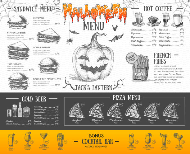 复古万圣节菜单设计。餐厅的菜单图片下载