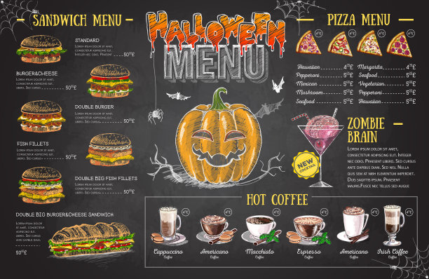 复古粉笔画万圣节菜单设计。餐厅的菜单图片下载