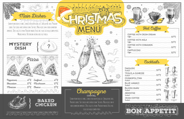 复古的假日圣诞菜单设计与香槟。餐厅的菜单图片下载