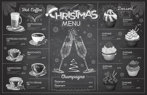 复古粉笔画圣诞菜单设计与香槟。餐厅的菜单图片下载