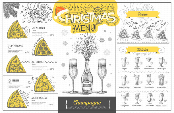 复古的假日圣诞菜单设计与香槟。餐厅的菜单图片下载