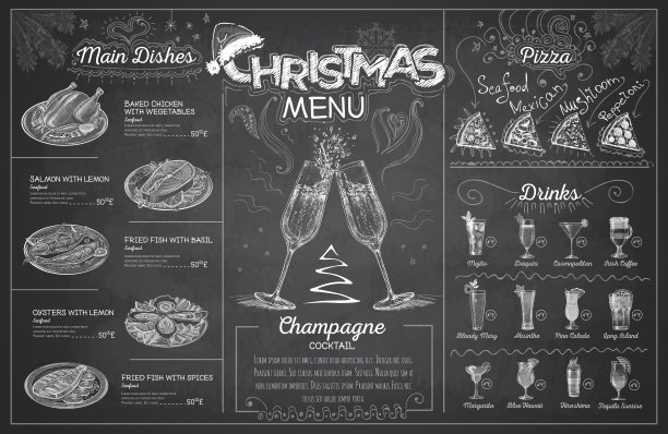 复古粉笔画圣诞菜单设计与香槟。餐厅的菜单图片下载