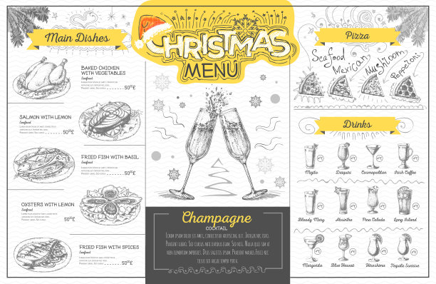 复古的假日圣诞菜单设计与香槟。餐厅的菜单图片下载