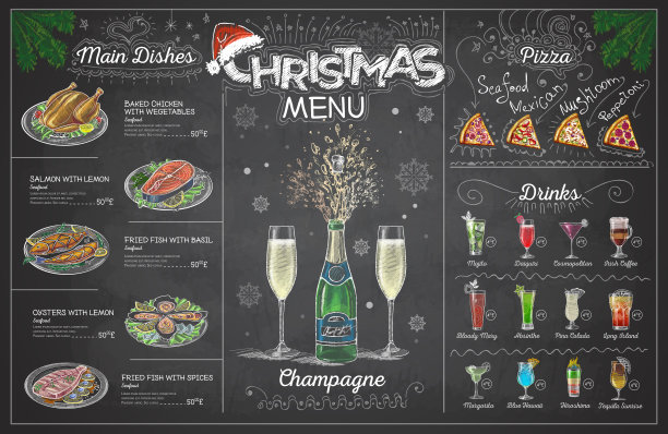 复古粉笔画圣诞菜单设计与香槟。餐厅的菜单图片下载