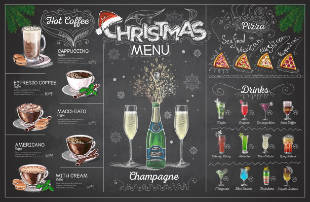 复古粉笔画圣诞菜单设计与香槟。餐厅的菜单图片下载