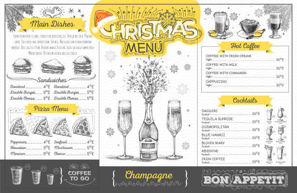 复古的假日圣诞菜单设计与香槟。餐厅的菜单图片下载
