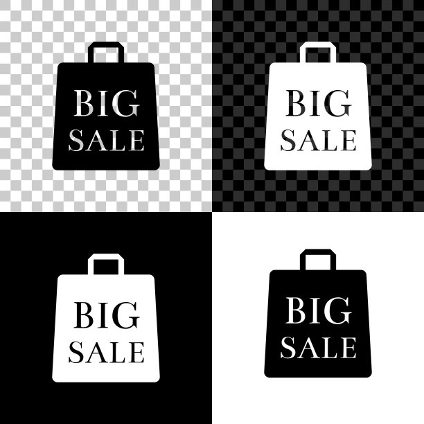 购物袋与铭文大减价图标孤立在黑色，白色和透明的背景。手提包的迹象。女人包图标。女性手袋的迹象。矢量图图片下载