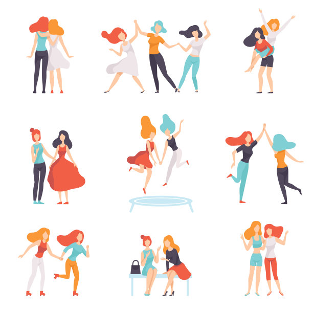 快乐的女性朋友有美好的时间在一起设置，美丽的女人在不同的情况，女性友谊矢量插图图片下载